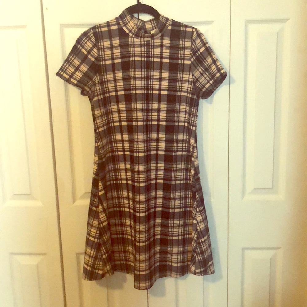 Pink/black plaid a line mini dress